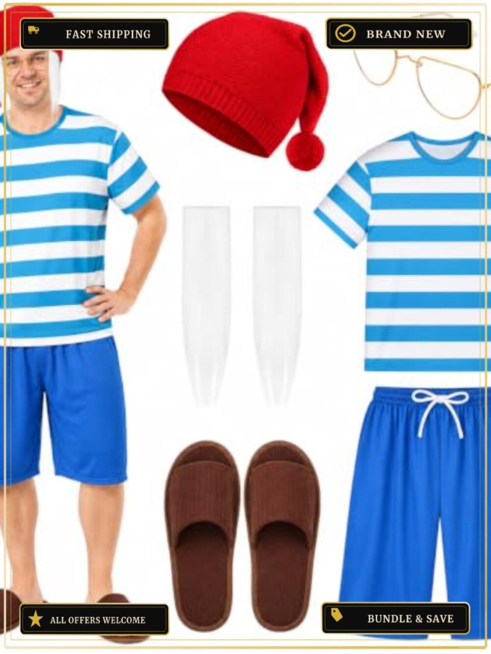 Adult Boatswain Costume Set Striped Sailor Shirt Shorts Beanie Cosplay